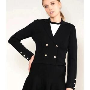 Aleeza Paris Short Black Gold Buttons Luxury Knit Blazer Size Large MSRP $175